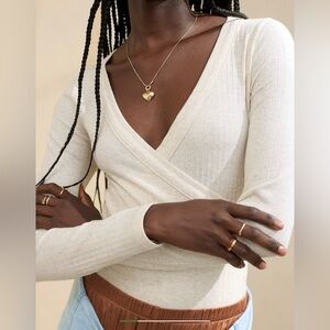 Aerie Ribbed Wrap V-Neck Long Sleeve Top in Cream